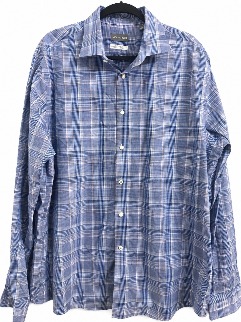 Michael Kors Airsoft Stretch Blue Plaid Button Front Dress Shirt XL 17.5 36/37